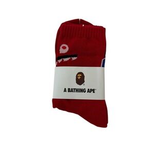 Bape Crew Socks WGM Logo Mens Womens Unisex Size 9-11 Red Shark Mouth Hype New